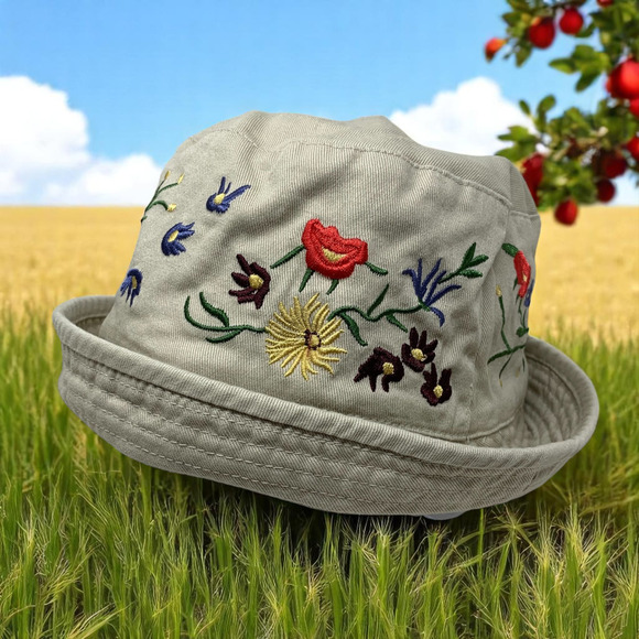 TLC Khaki Cotton Bucket Hat Cap Floral Embroidered Sz L Adjustable Chemotherapy - Picture 1 of 5